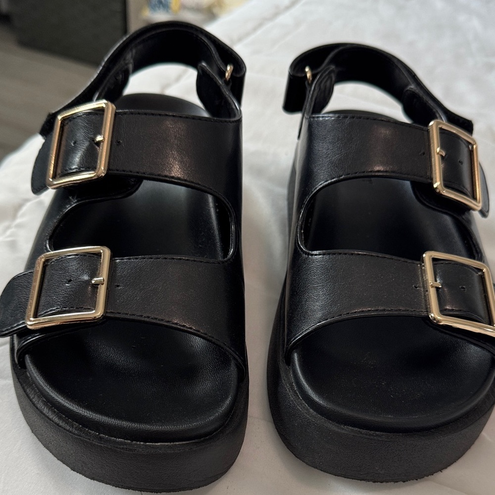 Old Navy Black Sandals with Gold Buckles